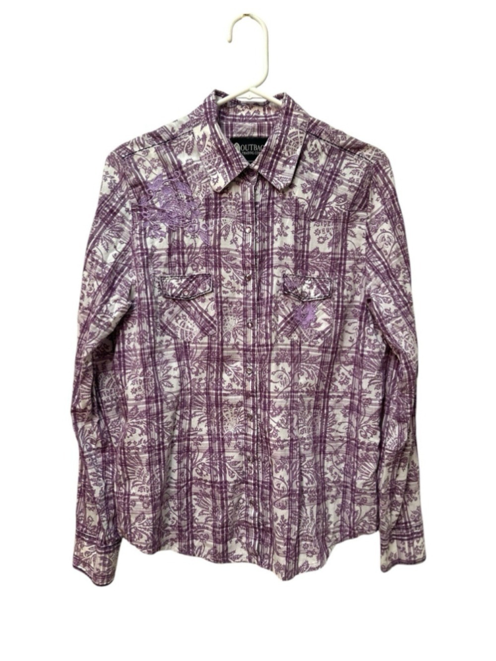 Outback Trading Company Plaid Floral Western Shirt Womens L Sparkle Snap Buttons
